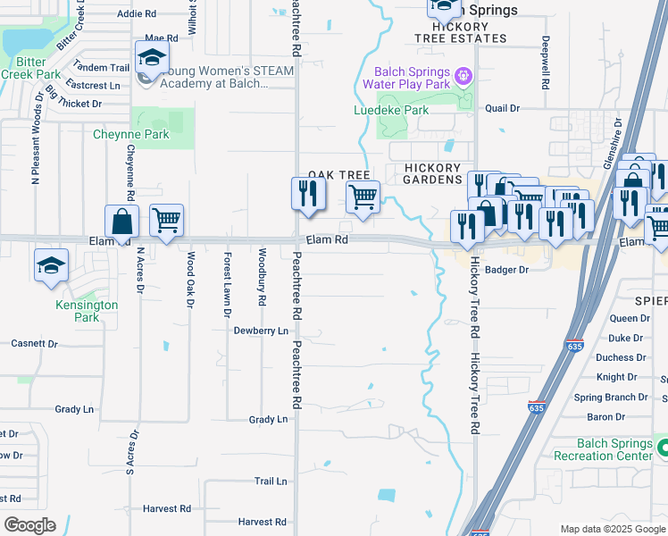map of restaurants, bars, coffee shops, grocery stores, and more near 11424 Small Drive in Balch Springs