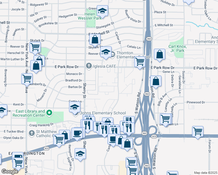 map of restaurants, bars, coffee shops, grocery stores, and more near 1676 Carter Drive in Arlington