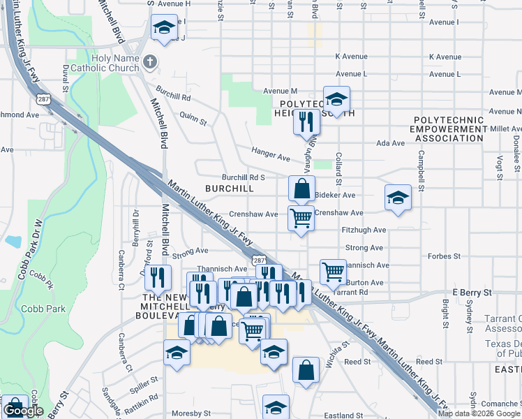 map of restaurants, bars, coffee shops, grocery stores, and more near 2928 Crenshaw Avenue in Fort Worth