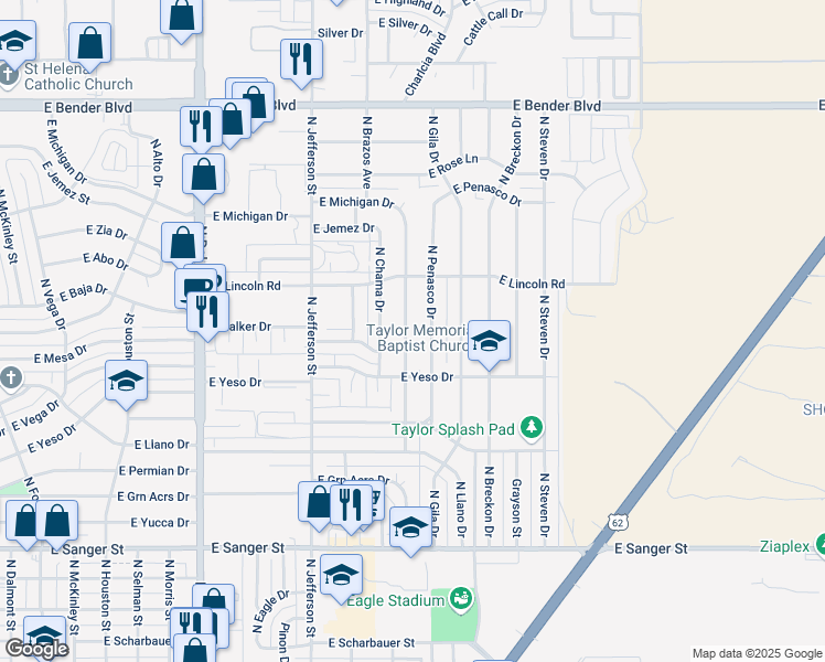 map of restaurants, bars, coffee shops, grocery stores, and more near 1640 North Brazos Avenue in Hobbs