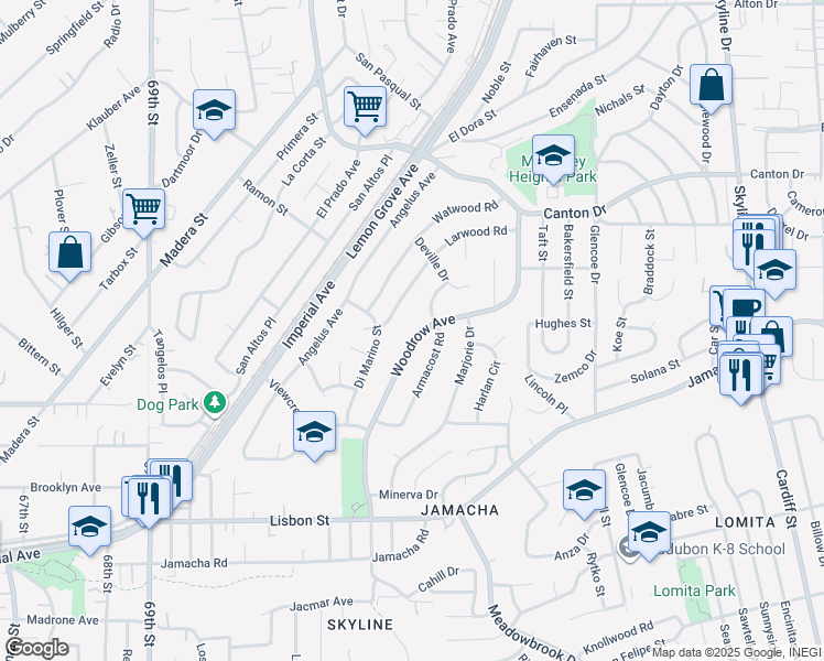 map of restaurants, bars, coffee shops, grocery stores, and more near 1164 Woodrow Avenue in San Diego