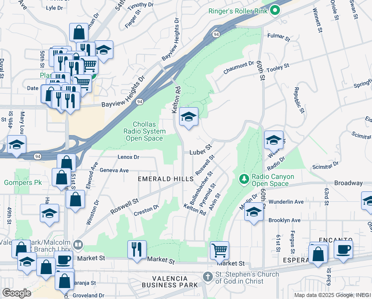 map of restaurants, bars, coffee shops, grocery stores, and more near 1201 Kelton Road in San Diego