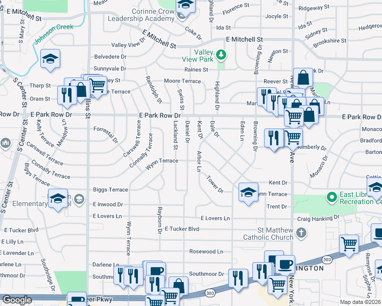 map of restaurants, bars, coffee shops, grocery stores, and more near 1529 Daniel Drive in Arlington