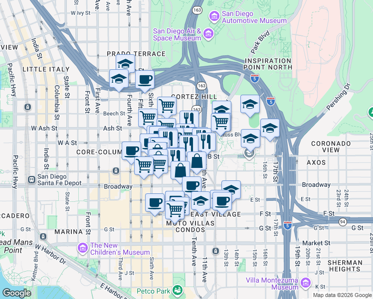 map of restaurants, bars, coffee shops, grocery stores, and more near 1281 Ninth Avenue in San Diego