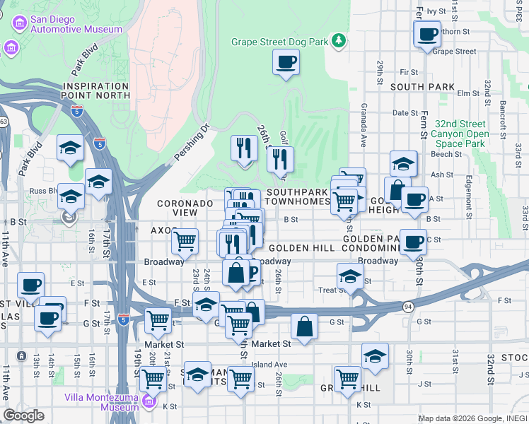 map of restaurants, bars, coffee shops, grocery stores, and more near 2528 B Street in San Diego