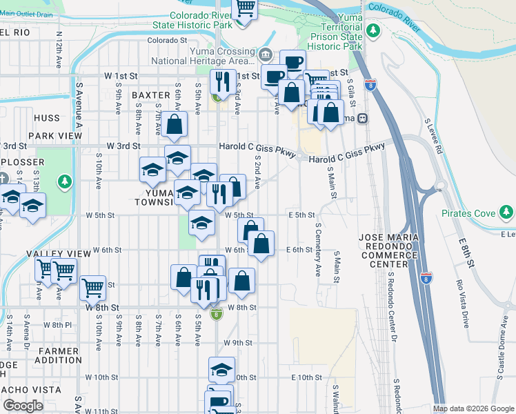 map of restaurants, bars, coffee shops, grocery stores, and more near 475 S 2nd Ave in Yuma