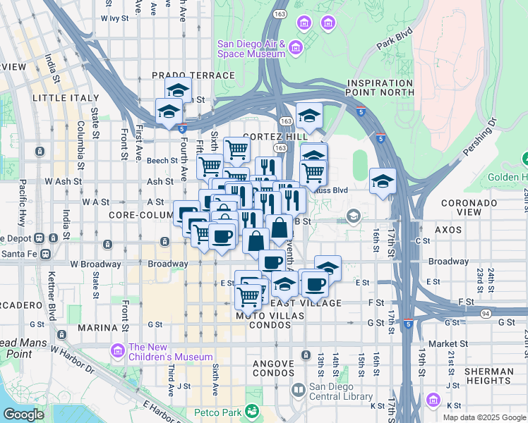 map of restaurants, bars, coffee shops, grocery stores, and more near 1229 Ninth Avenue in San Diego