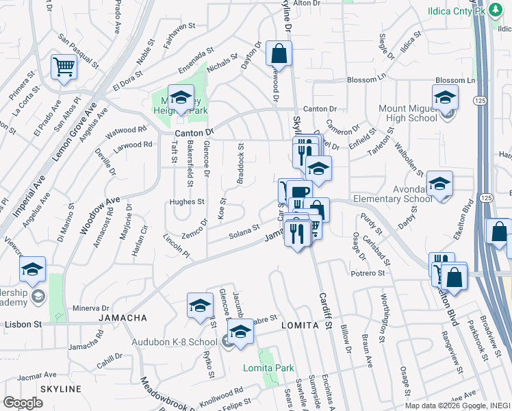 map of restaurants, bars, coffee shops, grocery stores, and more near 1127 Jud Street in San Diego
