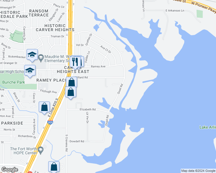 map of restaurants, bars, coffee shops, grocery stores, and more near 6312 Willard Road in Fort Worth
