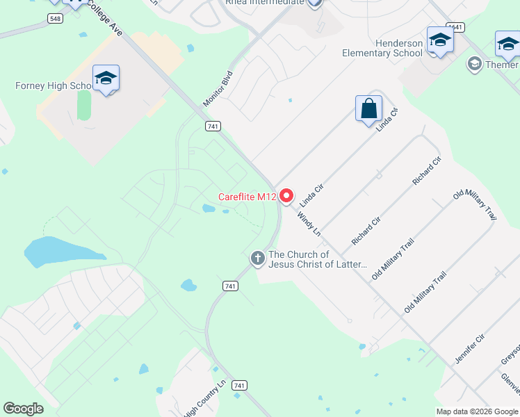map of restaurants, bars, coffee shops, grocery stores, and more near 8199-8367 Farm to Market Road 741 in Forney