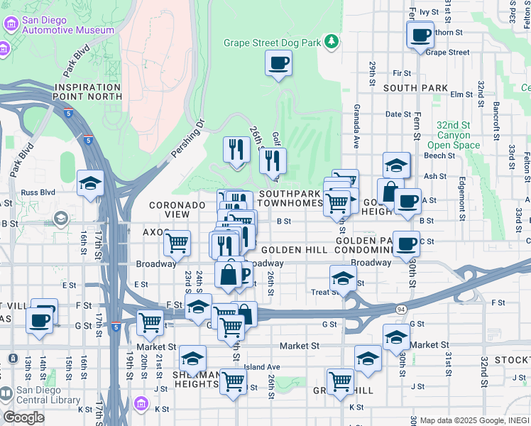 map of restaurants, bars, coffee shops, grocery stores, and more near 1218 26th Street in San Diego