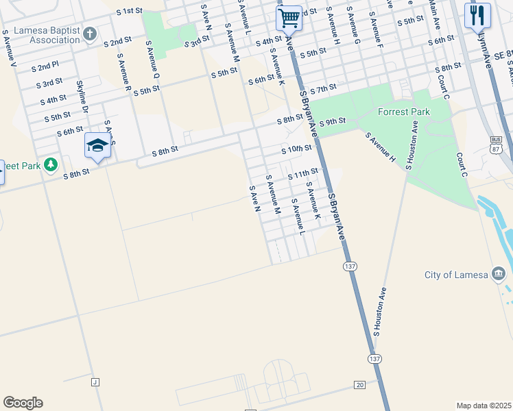 map of restaurants, bars, coffee shops, grocery stores, and more near 1301 South Avenue North in Lamesa