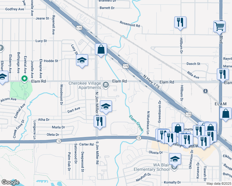 map of restaurants, bars, coffee shops, grocery stores, and more near 444 Oak Hollow Drive in Dallas