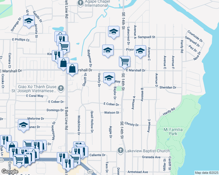 map of restaurants, bars, coffee shops, grocery stores, and more near 1301 East Coral Way in Grand Prairie