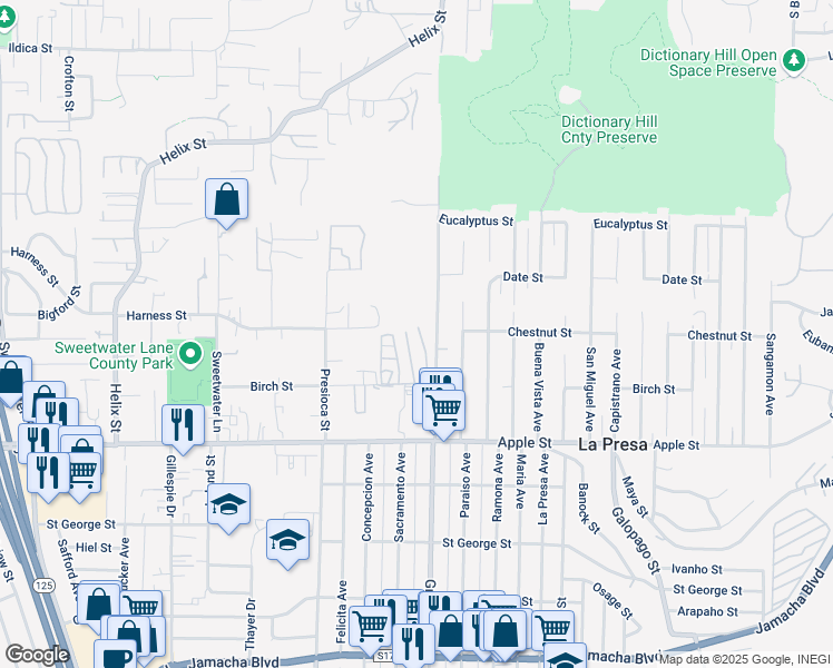 map of restaurants, bars, coffee shops, grocery stores, and more near 1200 Grand Avenue in Spring Valley