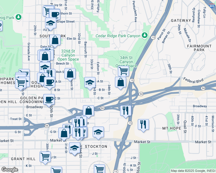 map of restaurants, bars, coffee shops, grocery stores, and more near 3377 B Street in San Diego