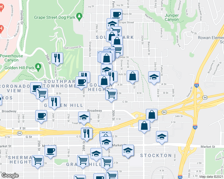 map of restaurants, bars, coffee shops, grocery stores, and more near 2956 1/2 B Street in San Diego