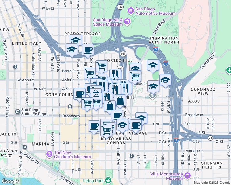 map of restaurants, bars, coffee shops, grocery stores, and more near 912 B Street in San Diego