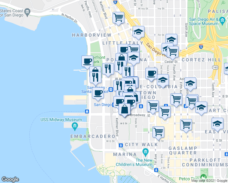 map of restaurants, bars, coffee shops, grocery stores, and more near 1202 Kettner Boulevard in San Diego