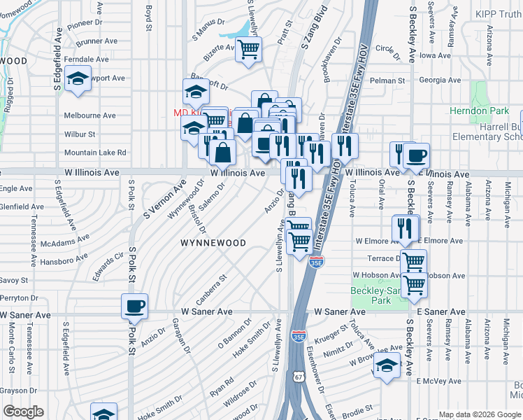 map of restaurants, bars, coffee shops, grocery stores, and more near 2445 Anzio Drive in Dallas