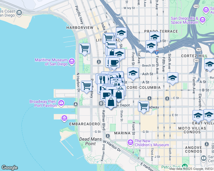 map of restaurants, bars, coffee shops, grocery stores, and more near 550 West B Street in San Diego