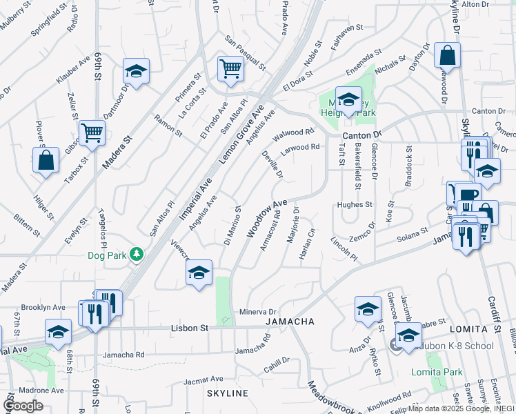 map of restaurants, bars, coffee shops, grocery stores, and more near 1164 Woodrow Avenue in San Diego