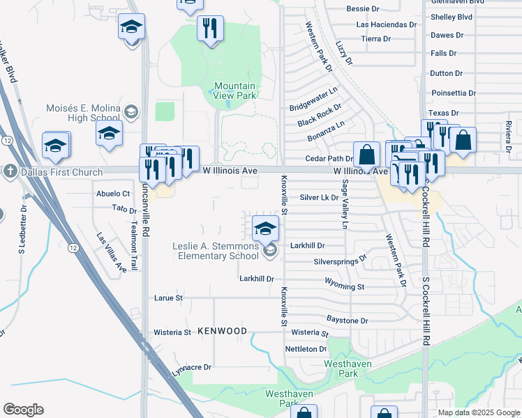 map of restaurants, bars, coffee shops, grocery stores, and more near 2201 Zaragoza Plaza in Dallas