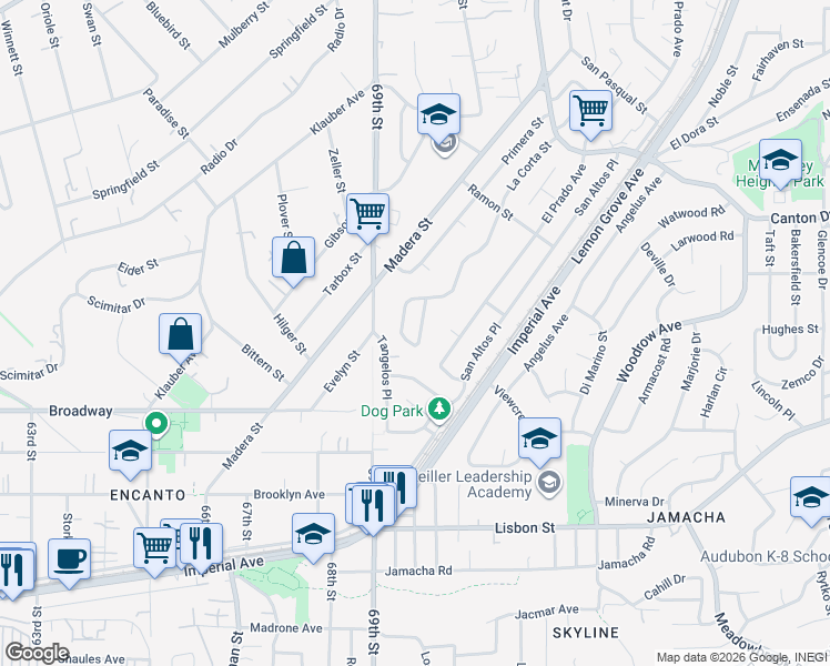 map of restaurants, bars, coffee shops, grocery stores, and more near 1446 La Corta Circle in Lemon Grove