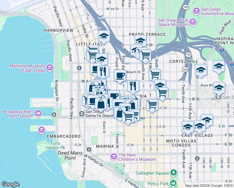 map of restaurants, bars, coffee shops, grocery stores, and more near 1260 Front Street in San Diego