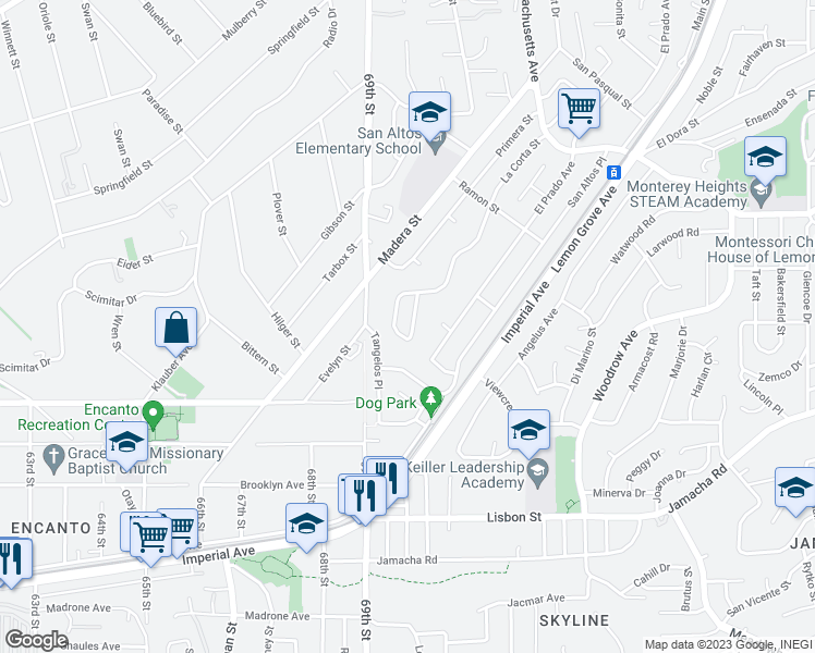 map of restaurants, bars, coffee shops, grocery stores, and more near 1423 La Corta Circle in Lemon Grove