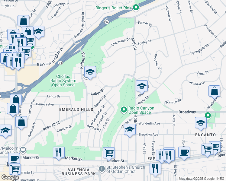 map of restaurants, bars, coffee shops, grocery stores, and more near 5863 Roswell Street in San Diego