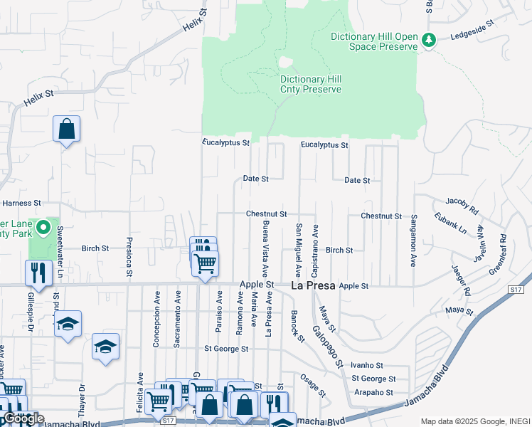map of restaurants, bars, coffee shops, grocery stores, and more near Buena Vista Avenue in Spring Valley