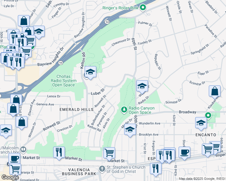 map of restaurants, bars, coffee shops, grocery stores, and more near 5863 Roswell Street in San Diego