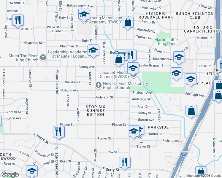 map of restaurants, bars, coffee shops, grocery stores, and more near 2518 Birdell Street in Fort Worth