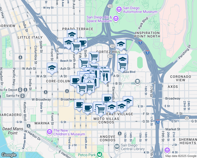 map of restaurants, bars, coffee shops, grocery stores, and more near 801 A Street in San Diego