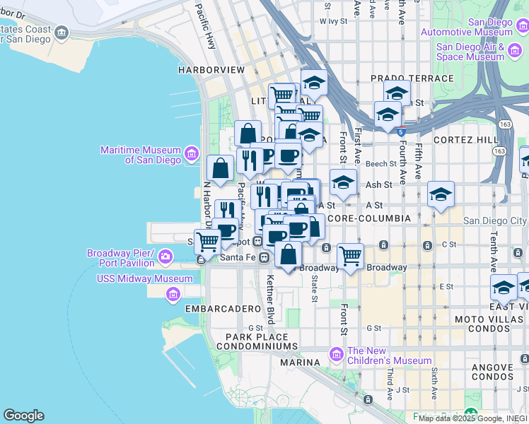 map of restaurants, bars, coffee shops, grocery stores, and more near 1202 Kettner Boulevard in San Diego