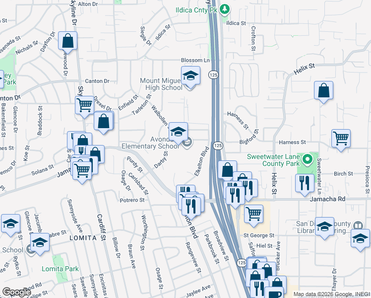 map of restaurants, bars, coffee shops, grocery stores, and more near 8401 Stansbury Street in Spring Valley