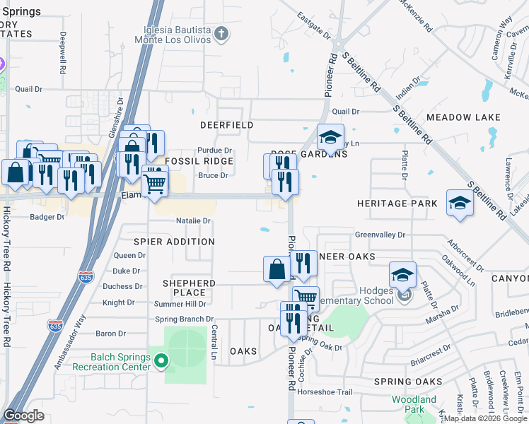 map of restaurants, bars, coffee shops, grocery stores, and more near 12904 Elam Road in Balch Springs
