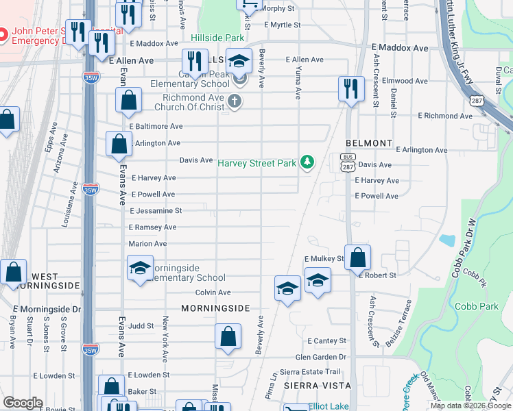 map of restaurants, bars, coffee shops, grocery stores, and more near 1253 East Jessamine Street in Fort Worth