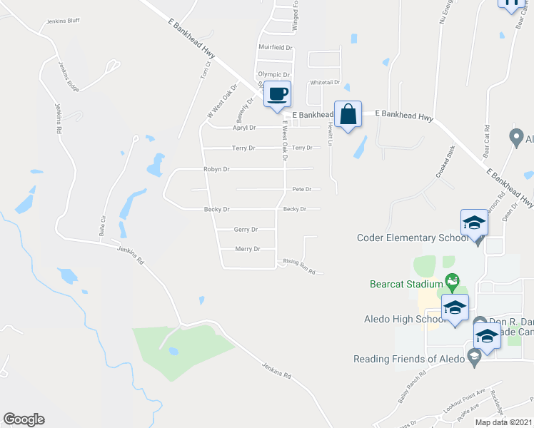 map of restaurants, bars, coffee shops, grocery stores, and more near 1313 Becky Drive in Aledo