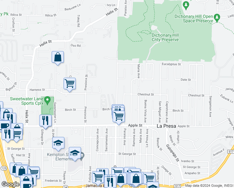 map of restaurants, bars, coffee shops, grocery stores, and more near 1311 Grand Avenue in Spring Valley