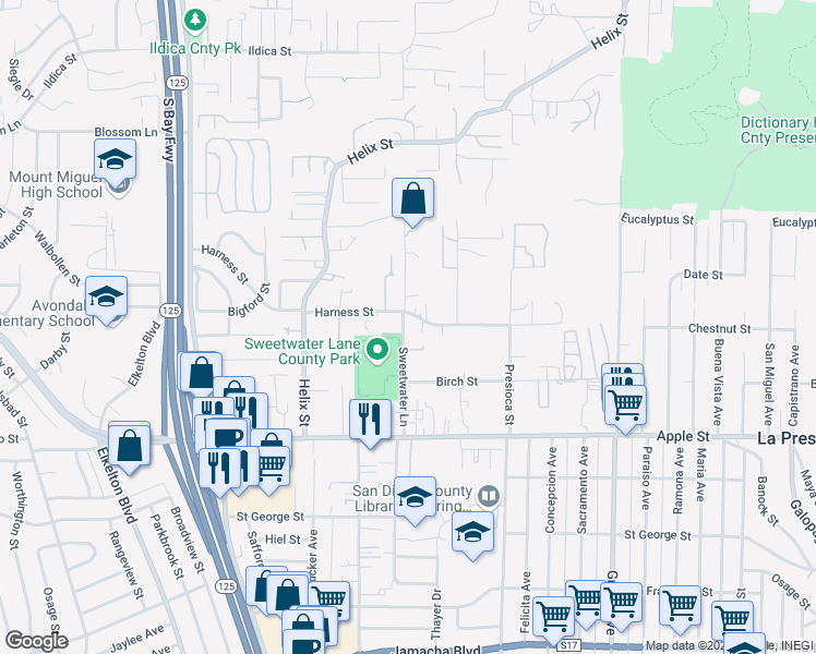 map of restaurants, bars, coffee shops, grocery stores, and more near 1415 Sweetwater Lane in Spring Valley