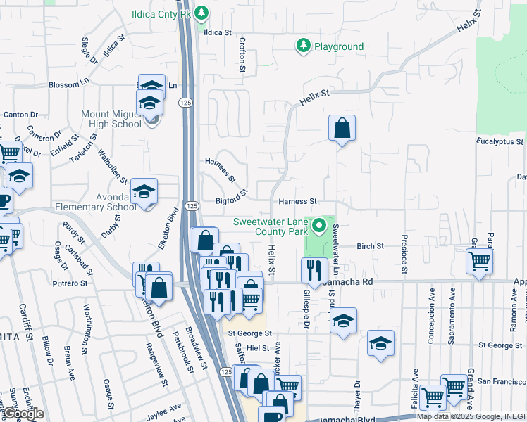 map of restaurants, bars, coffee shops, grocery stores, and more near 1350 Helix Street in Spring Valley