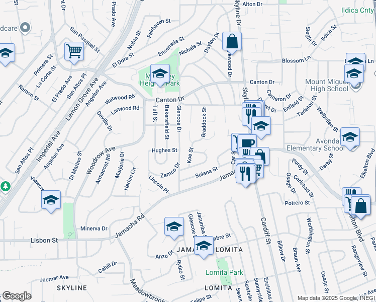 map of restaurants, bars, coffee shops, grocery stores, and more near 1134 Koe Street in San Diego