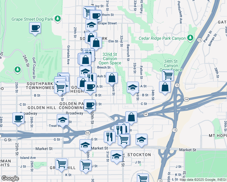 map of restaurants, bars, coffee shops, grocery stores, and more near 3167 1/2 B Street in San Diego