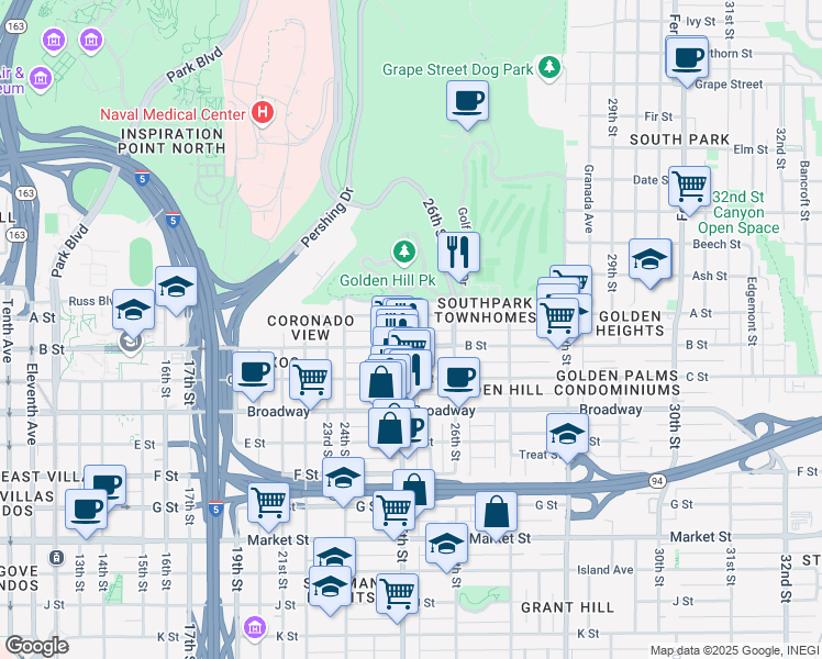map of restaurants, bars, coffee shops, grocery stores, and more near 2528 B Street in San Diego