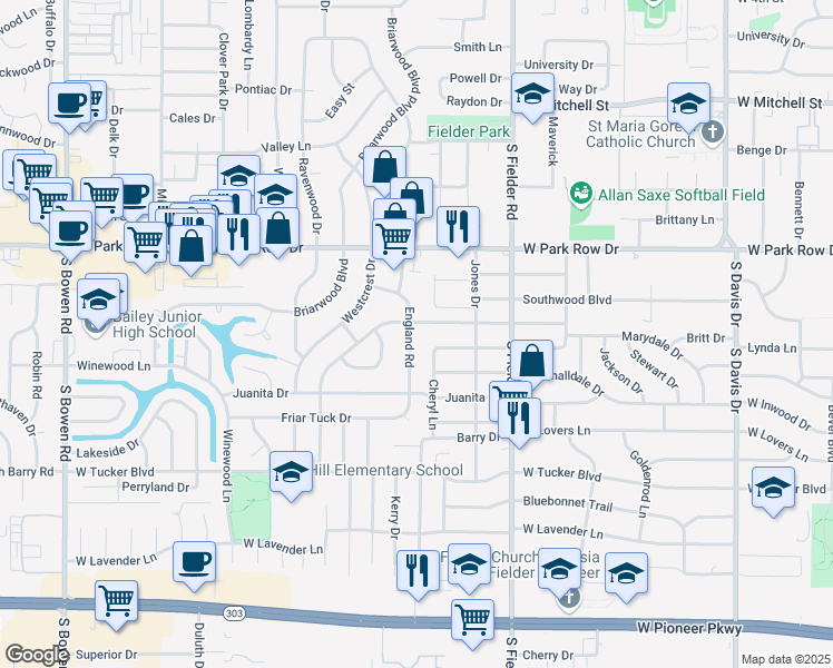 map of restaurants, bars, coffee shops, grocery stores, and more near 1709 England Road in Arlington