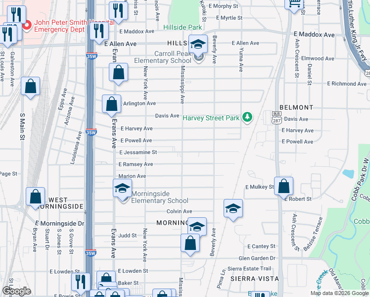 map of restaurants, bars, coffee shops, grocery stores, and more near 1200 East Jessamine Street in Fort Worth