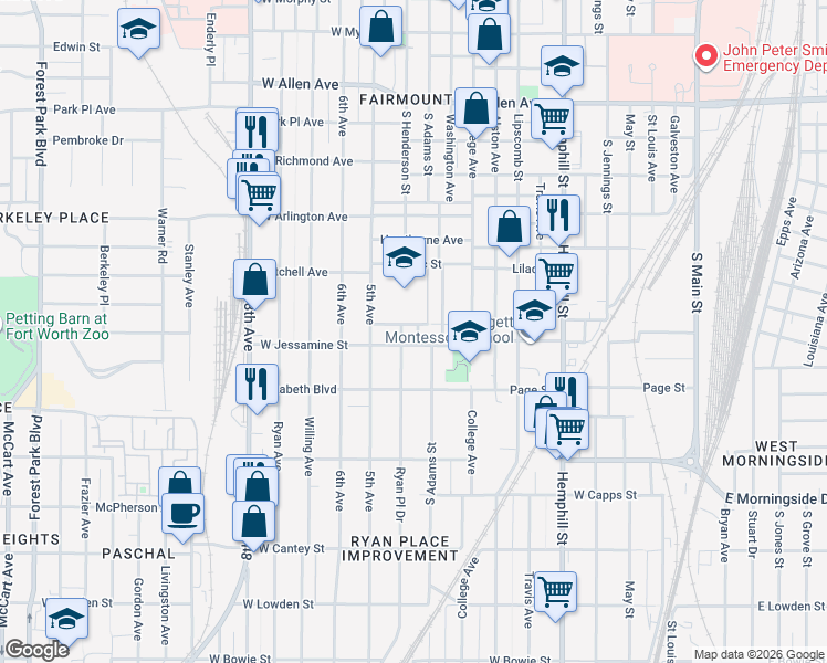 map of restaurants, bars, coffee shops, grocery stores, and more near 2300 Ryan Place Drive in Fort Worth