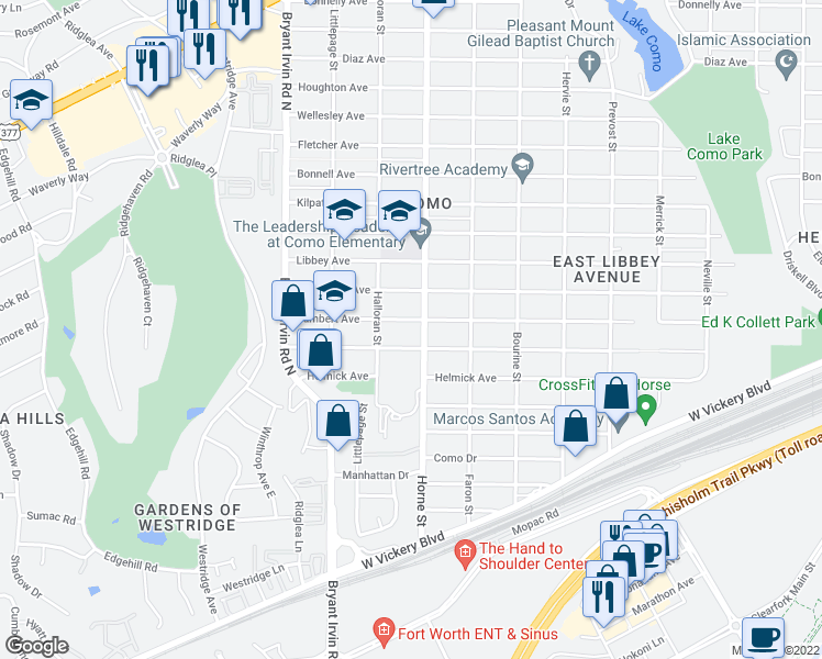 map of restaurants, bars, coffee shops, grocery stores, and more near 5708 Farnsworth Avenue in Fort Worth